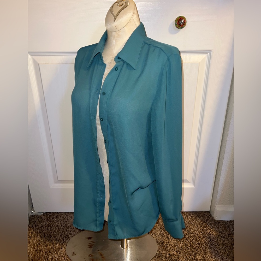 Teal Zara silky Button-Up Blouse flowy layering dusty blue classy preppy